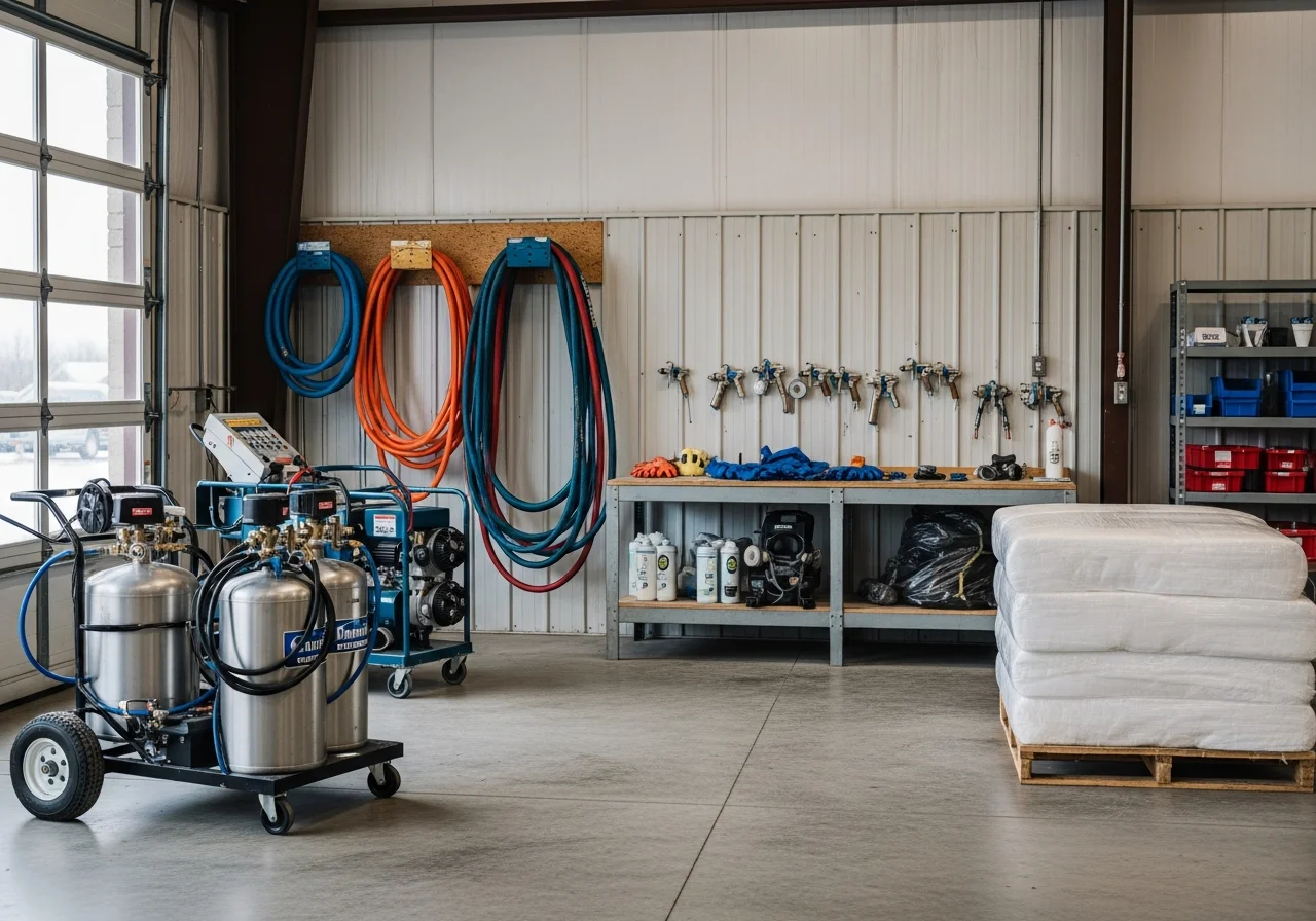 Spray foam insulation equipment and tools on a work site, ready for residential application.