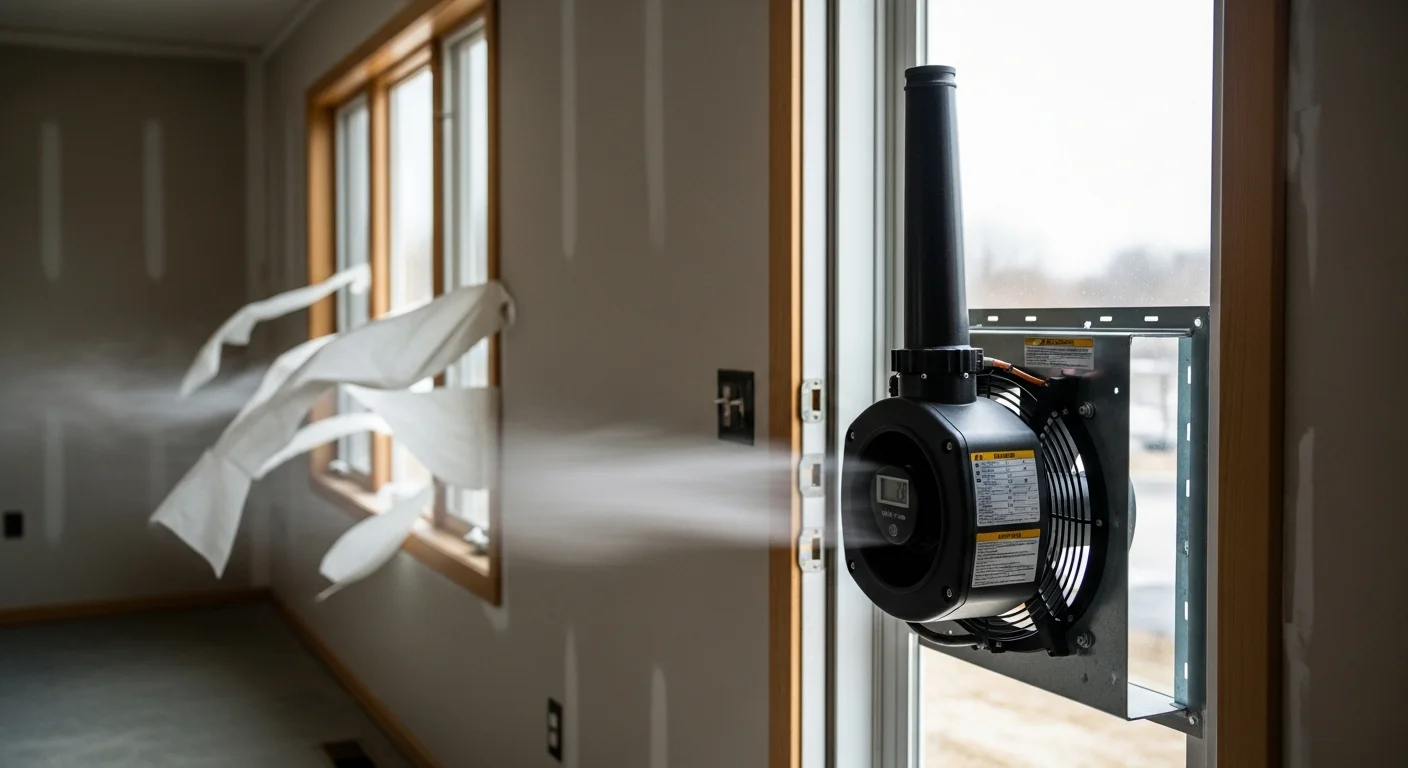 A technician performing a blower door test on a residential home in Elk River, MN, with a calibrated fan mounted in the front door frame to detect air leaks. Thermal imaging equipment is visible nearby, ready to map hidden gaps in the building envelope.