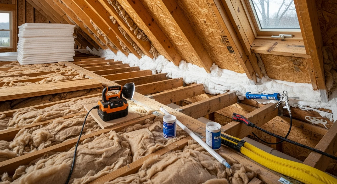 A spray foam insulation contractor sealing rim joist and attic bypass areas inside an Elk River, MN single-family home. Closed-cell foam is applied along the foundation wall and top plate to close air gaps before winter.