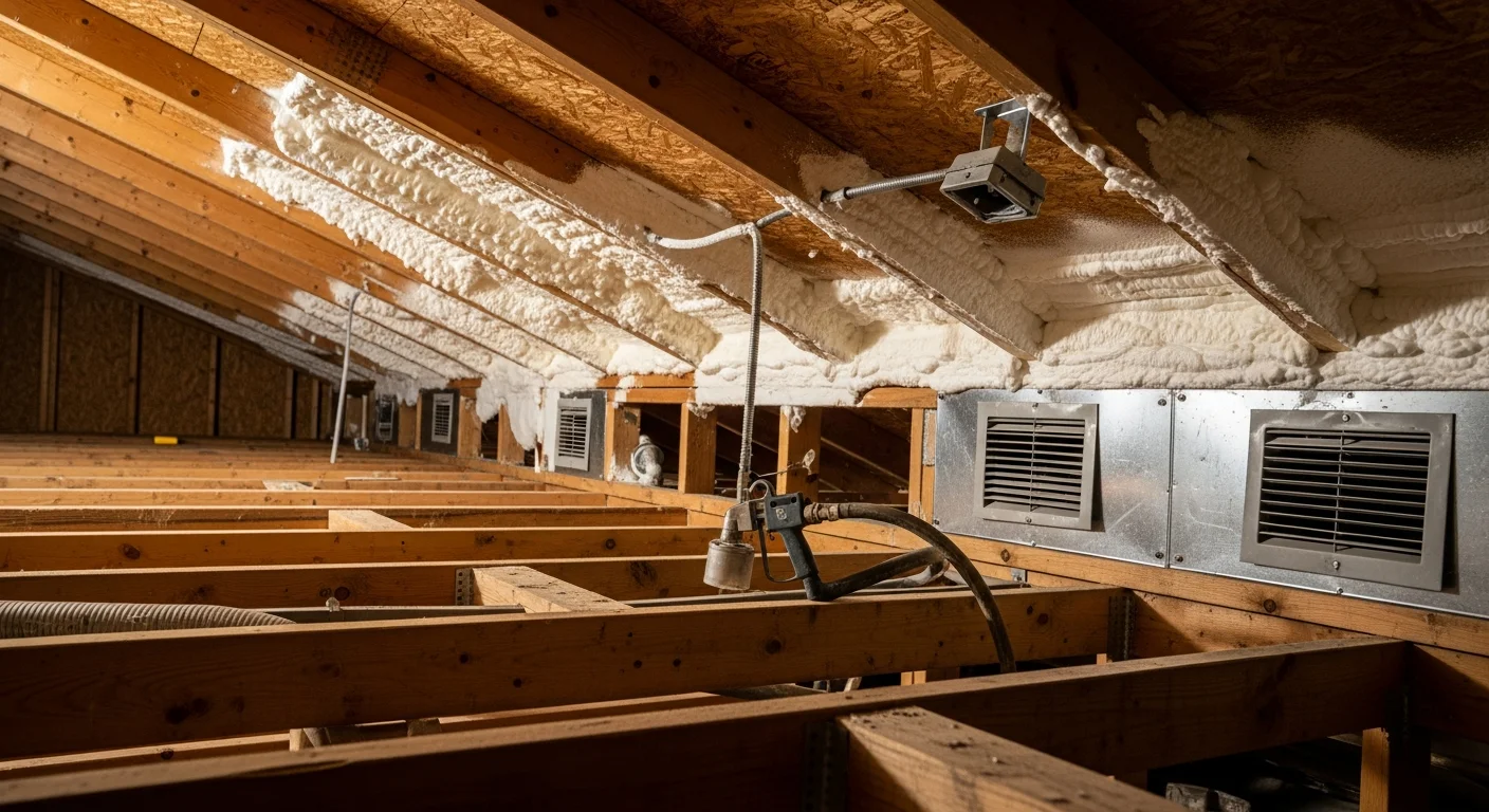 A contractor applying spray foam insulation across the attic floor of a residential home in Elk River, MN, with exposed rafters and attic joists visible overhead. The foam covers the full surface area between joists, sealing gaps around plumbing and electrical penetrations.