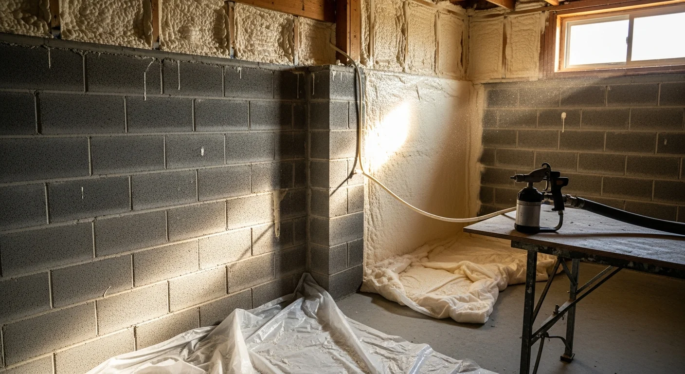 Spray foam insulation applied to the rim joist and concrete foundation walls of an Elk River, MN basement. The foam forms a continuous seal along the perimeter of the unfinished basement space.