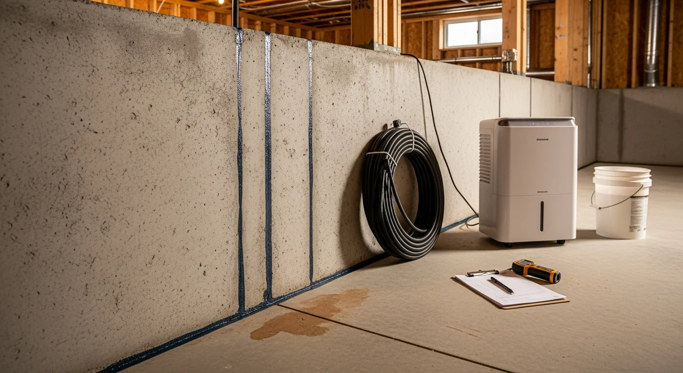 A dry, sealed basement interior in an Elk River, MN home showing waterproofed concrete walls with no visible moisture, staining, or cracks. A clean floor-wall joint runs along the perimeter where water intrusion was previously treated.