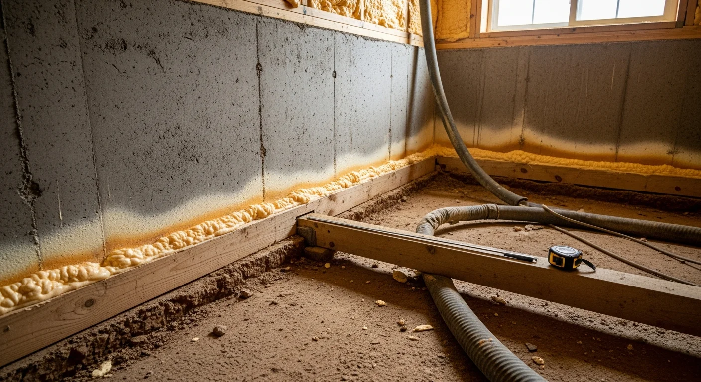 Spray foam insulation applied to the walls and rim joists of a residential crawl space in Elk River, MN. The foam forms a continuous layer across the foundation walls, sealing the space from cold air and ground moisture.