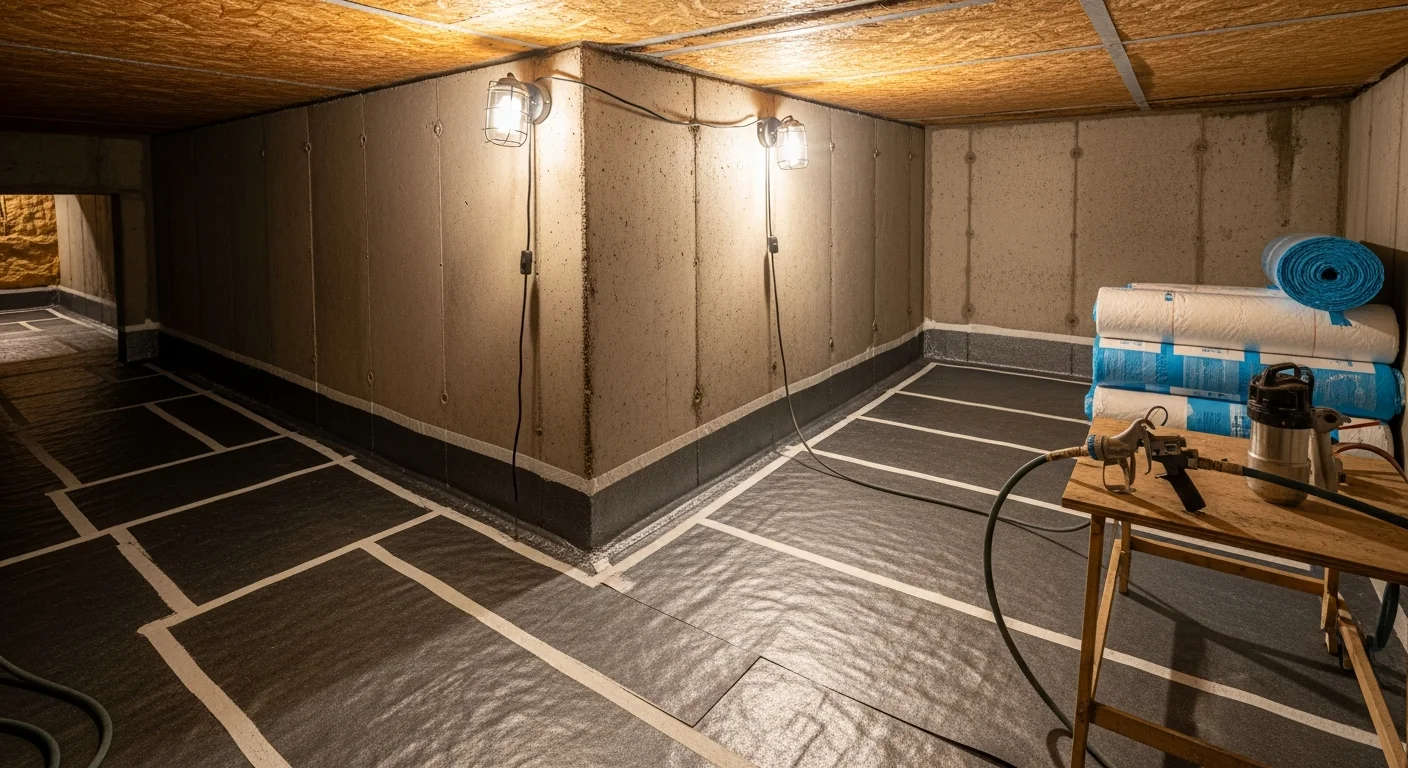 Sealed crawl space beneath an Elk River, MN home showing waterproofed walls and floor with no visible moisture or mold damage. A dry, clean subfloor area with protected wood framing after professional crawl space waterproofing service.