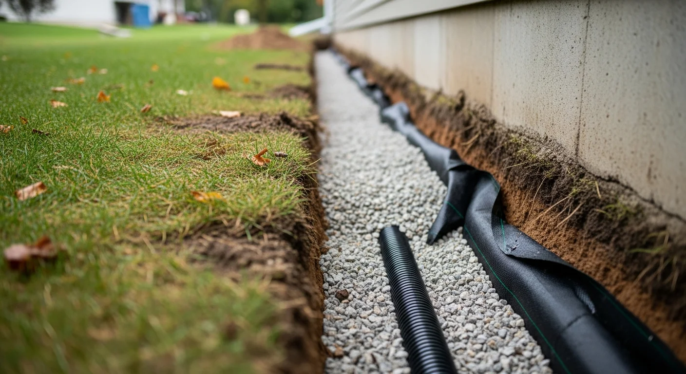 A completed residential drainage system installation in Elk River, MN, showing a clean trench with a perforated drain pipe directing water away from a home's foundation. The surrounding yard is graded to channel snowmelt and rainwater toward the drainage outlet.