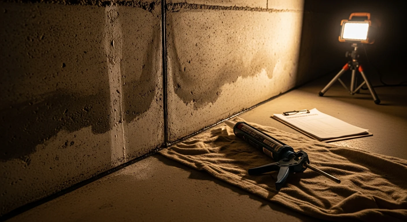 A sealed vertical crack on a poured concrete basement wall inside an Elk River, MN home, showing a smooth waterproof sealant applied along the full length of the crack. The surrounding wall surface is dry with no visible moisture staining.