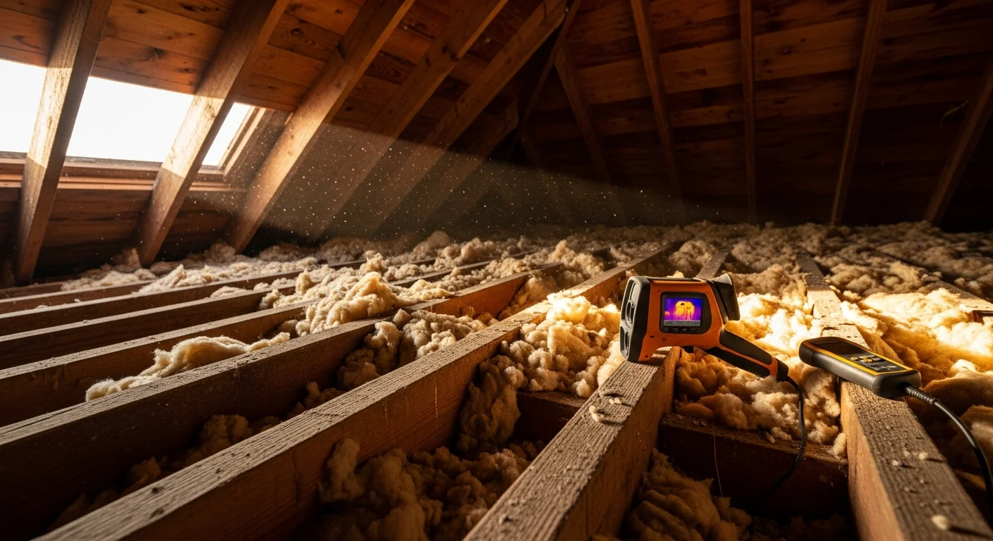 A Peach Spray Foam technician inspecting attic insulation in an Elk River, MN single-family home, with visible coverage gaps along the roofline. Close-up view showing areas of compressed and missing insulation in a Minnesota home attic.