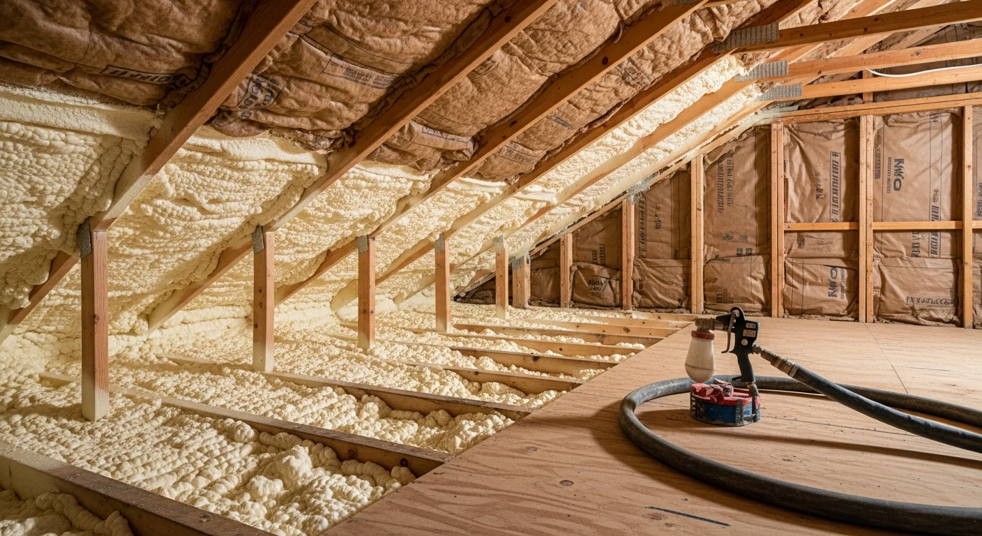 Spray foam insulation applied to rim joists and crawl space walls inside an Elk River, MN home. The foam is fully expanded and covers framing cavities with a consistent white layer.