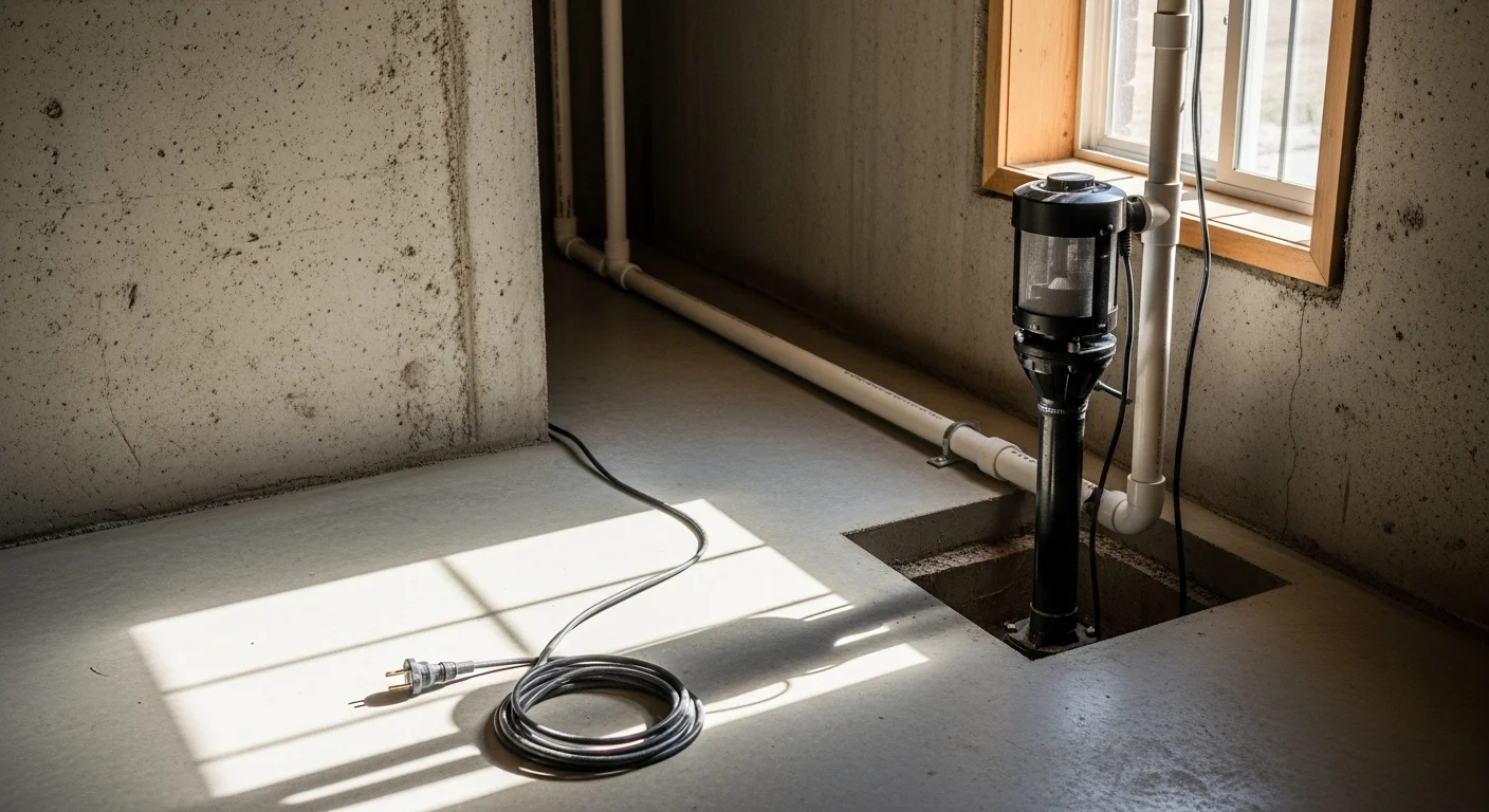 A newly installed sump pump sitting inside a clean concrete pit in an Elk River, MN basement, with a white PVC discharge line running toward the exterior foundation wall. The surrounding basement floor is dry and free of water staining.