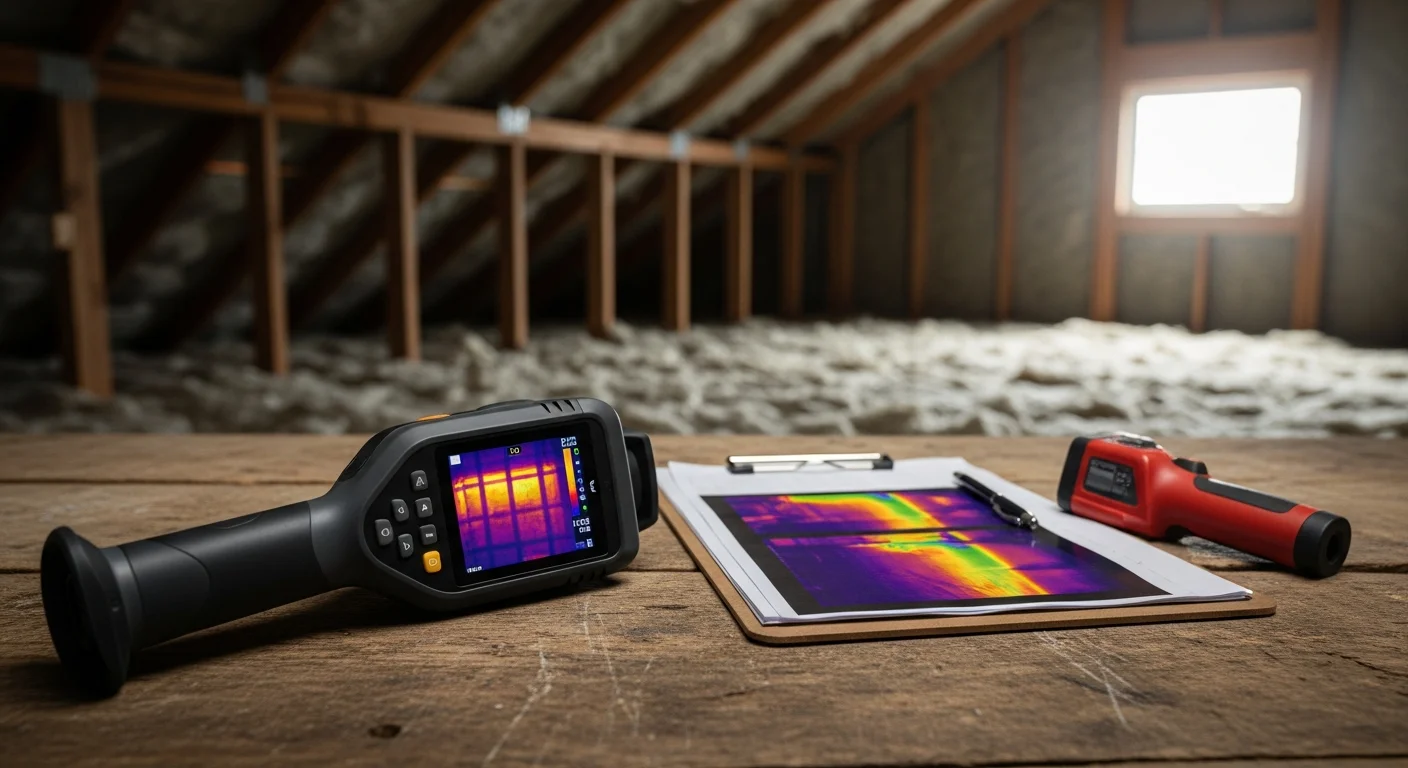 Infrared thermal imaging camera scan of an Elk River, MN home attic showing bright orange and yellow heat loss zones along the roofline and insulation gaps in the ceiling. Side-by-side view of the standard photo and the thermal image highlights areas flagged for spray foam insulation.